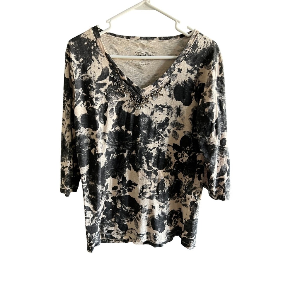 Crystal Kobe Womens Large Black Cream Floral 3/4 Sleeve Beaded V-Neck Cotton Top
